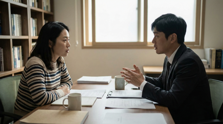이혼전문변호사 상담 — 의뢰인이 변호사와 이혼 상담을 진행하는 모습, 법무법인 존재