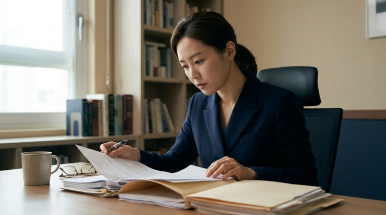 이혼 소송 절차 — 이혼 서류를 검토하는 모습, 법무법인 존재