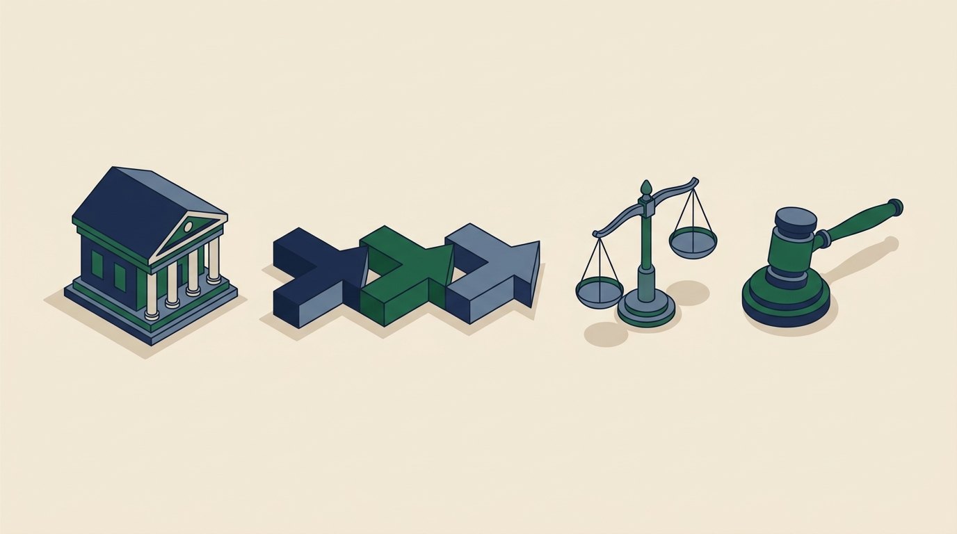 소년재판 절차 일러스트 — 법원·단계·저울·의사봉