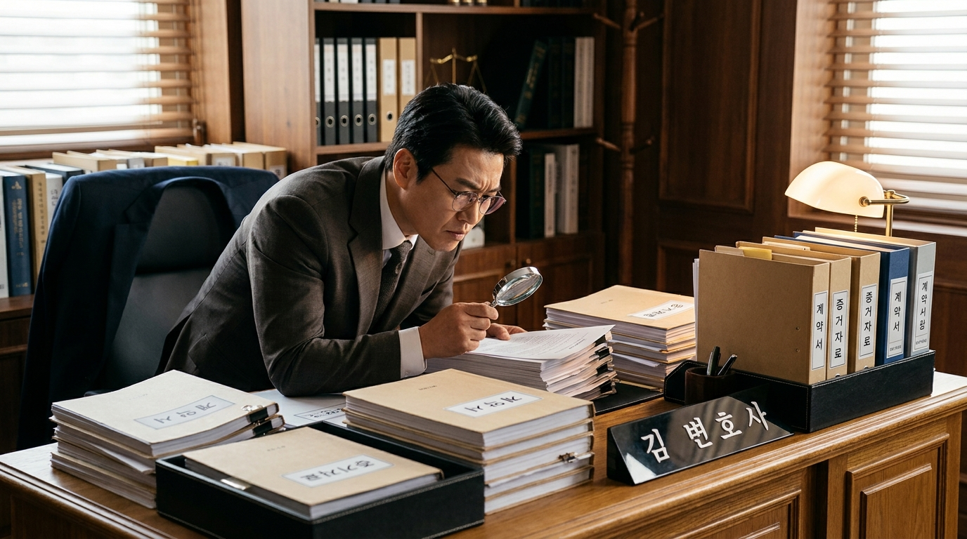 경영권 분쟁 관련 계약서와 증거 자료를 검토하는 변호사