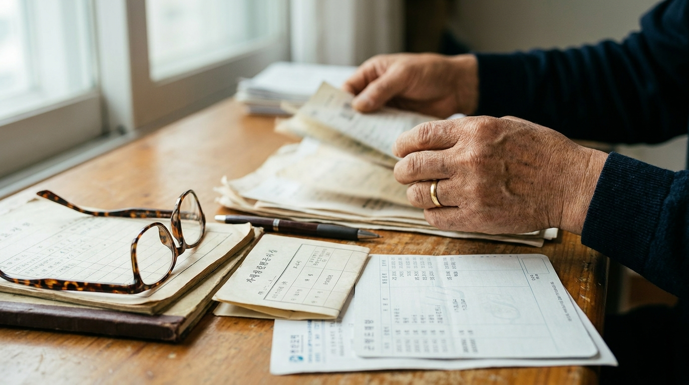 상속재산분할 서류를 정리하는 모습 — 부동산 등기부등본, 가족관계증명서, 통장 거래내역