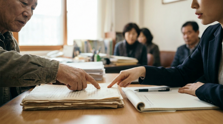 상속 상담 장면 — 변호사와 의뢰인이 서류를 함께 검토