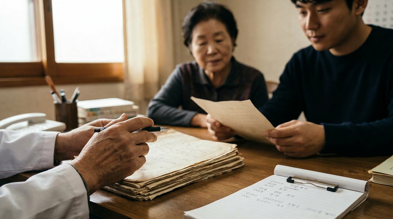 상속소송 상담 — 변호사와 의뢰인이 서류 검토