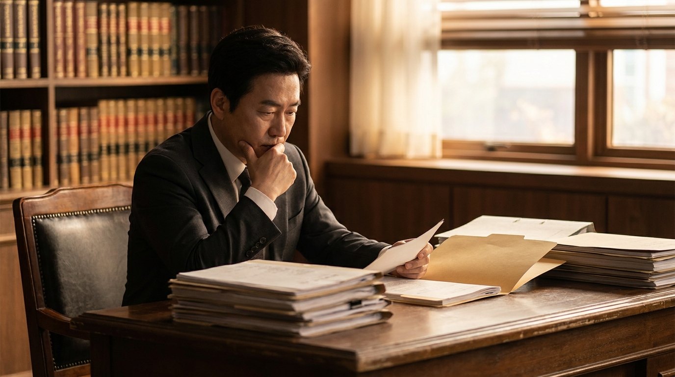 소년사건 사례를 검토하는 변호사 — 사건 기록과 법서