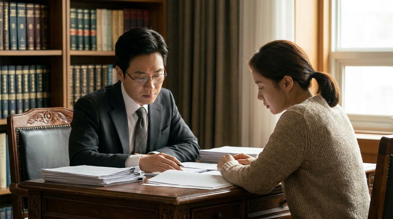 이혼 상담 — 변호사와 의뢰인이 서류를 검토하는 측면 모습