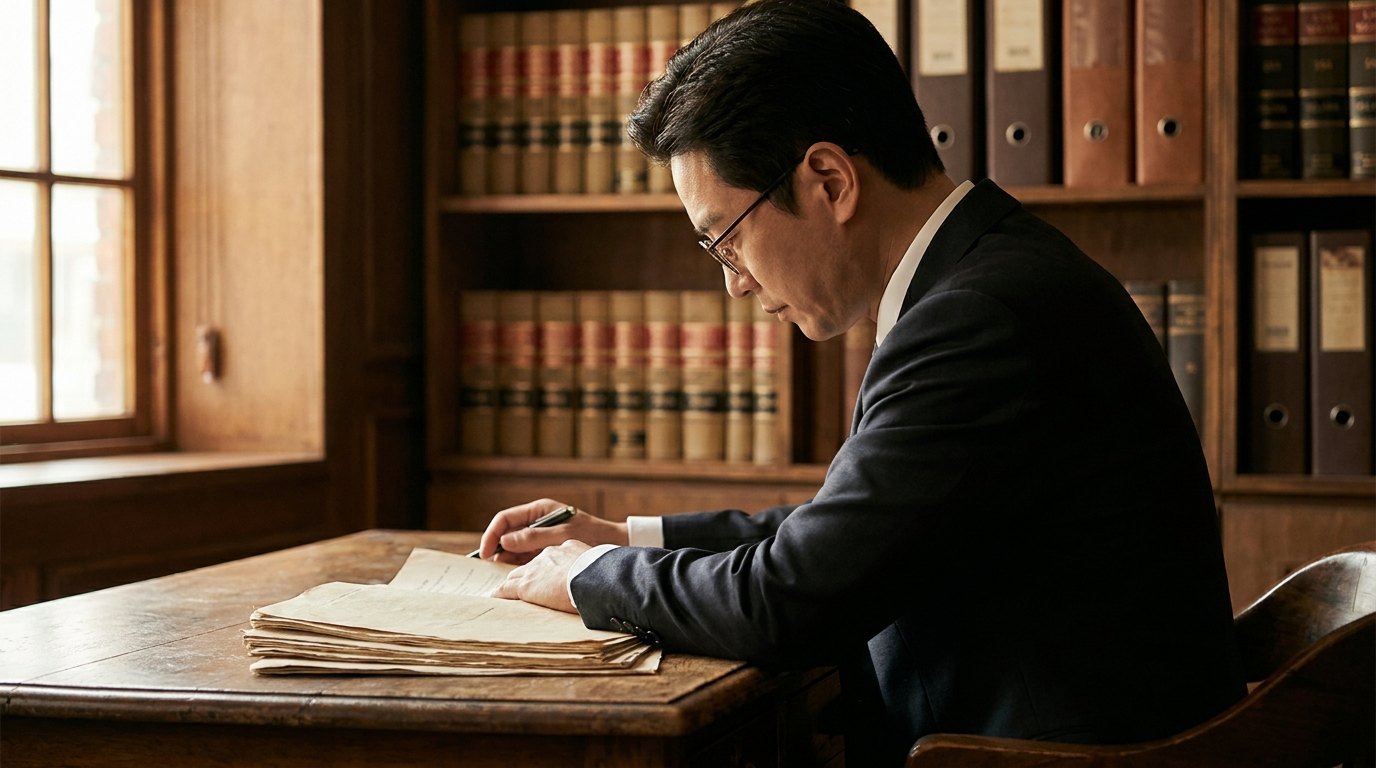 상속·유류분 서류를 검토하는 변호사 — 측면