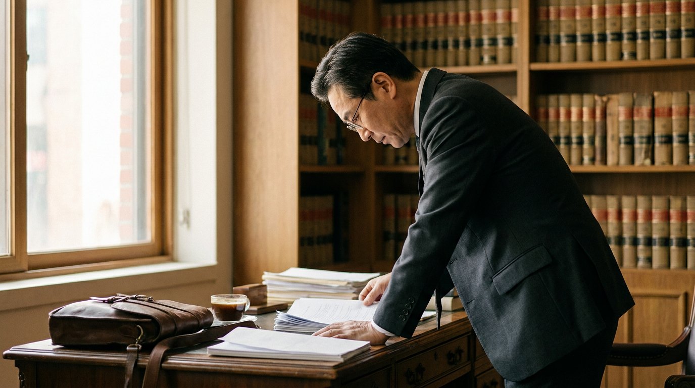 아동학대 사건 서류를 검토하는 변호사 — 측면