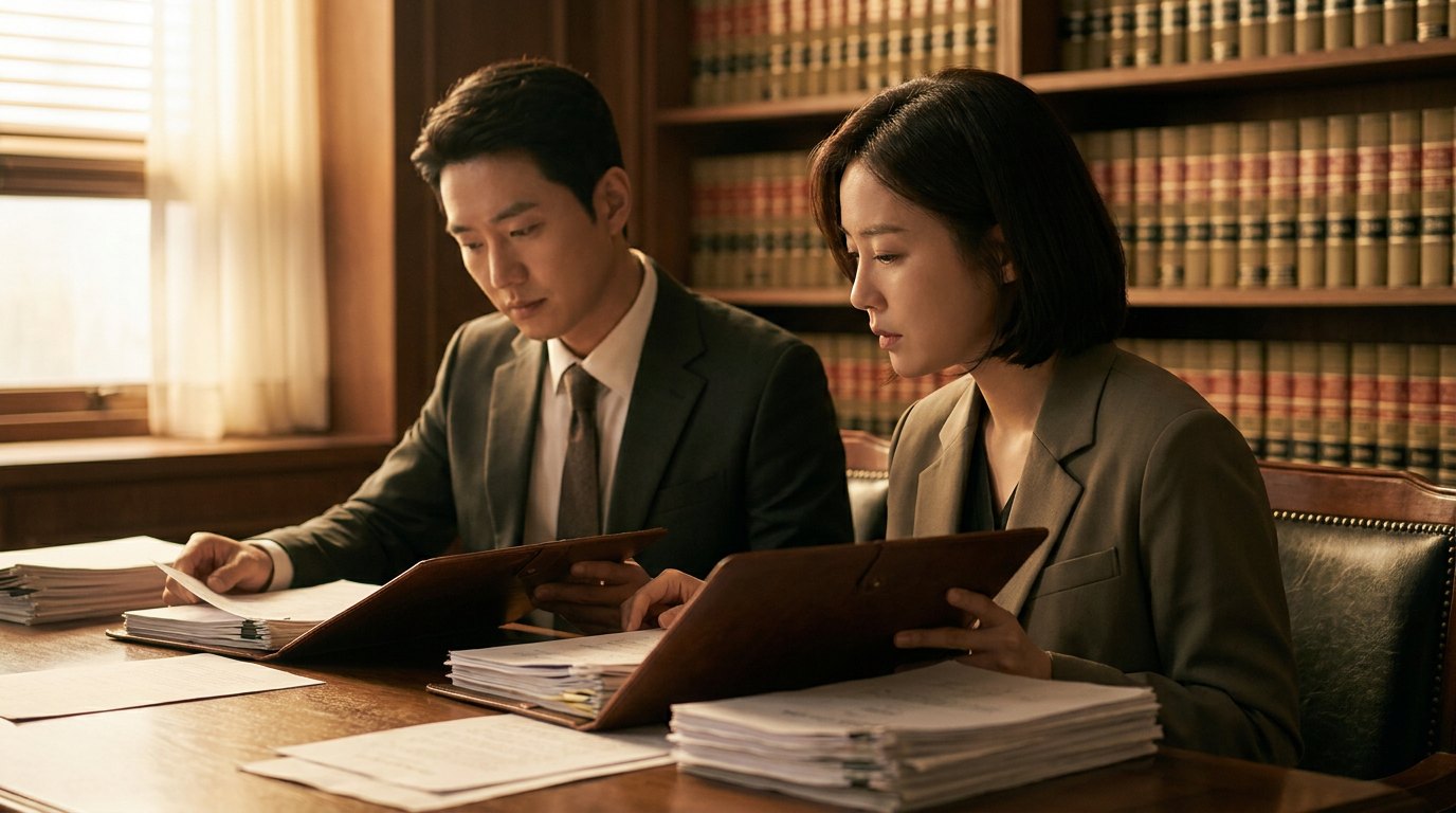 아동학대 사건 서류를 검토하는 변호사 — 측면