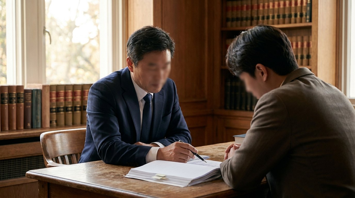 유류분반환 사건 자료를 검토하는 변호사 — 측면