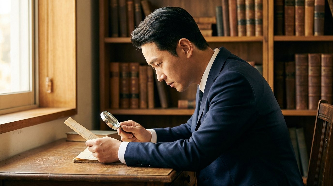 중혼적 사실혼 사건 자료를 검토하는 변호사 — 측면