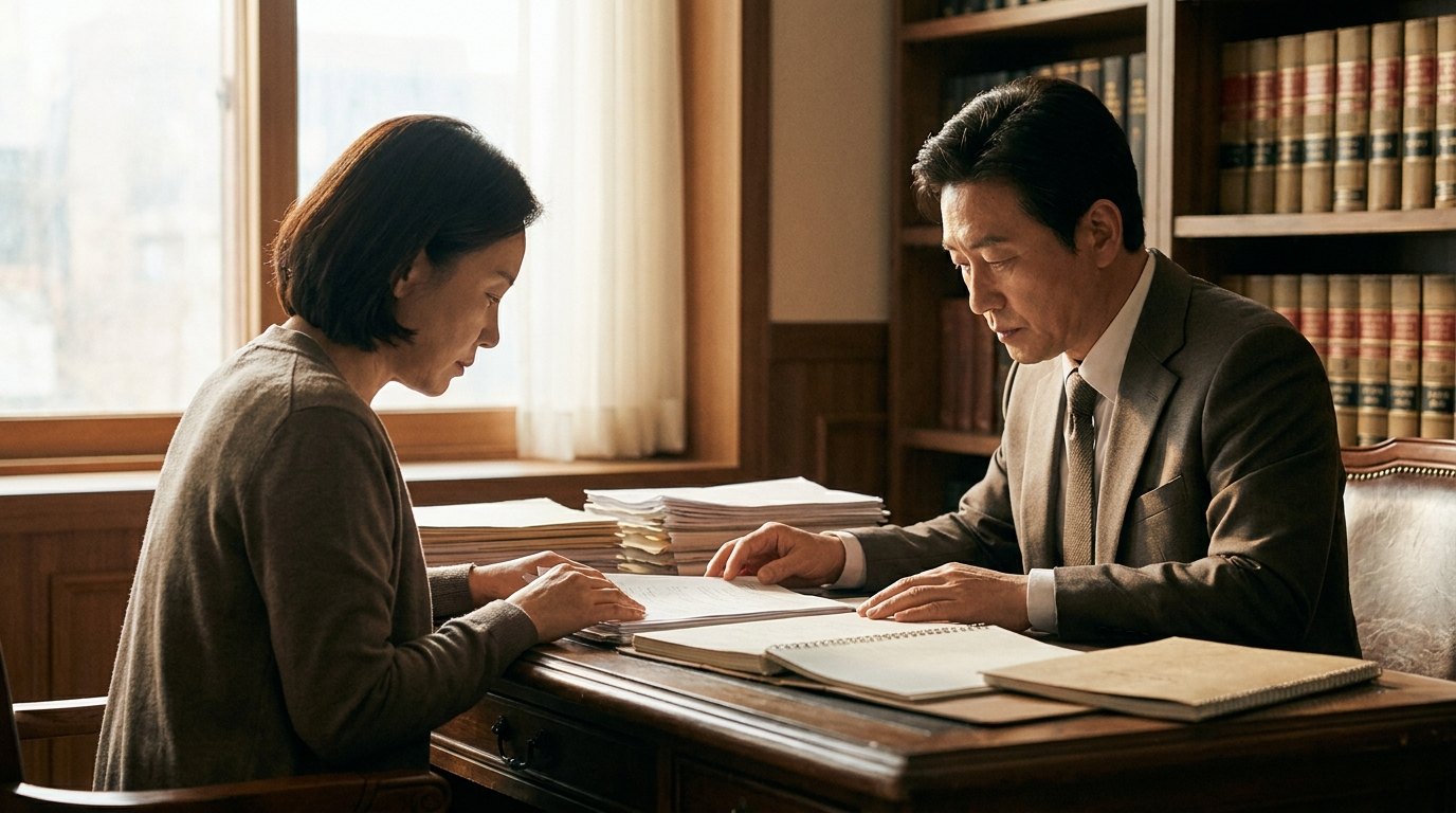 중혼적 사실혼 사건 자료를 검토하는 변호사 — 측면