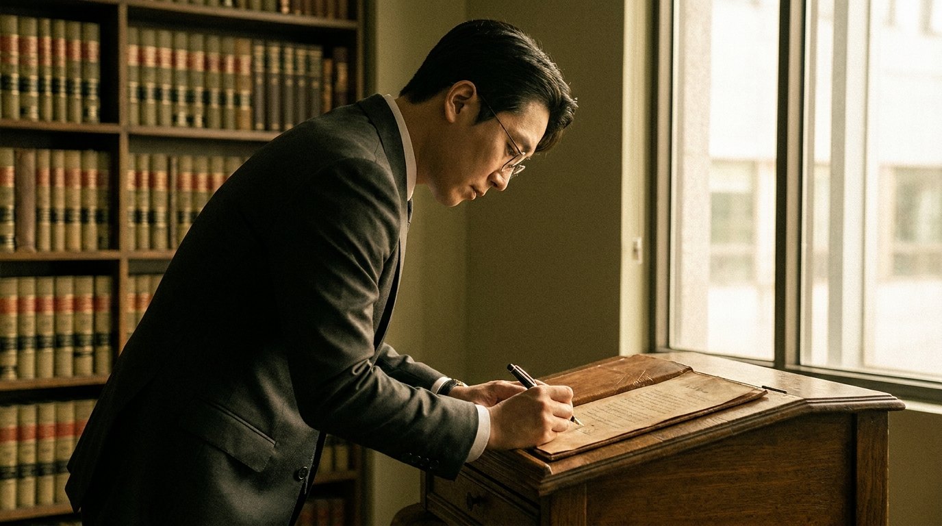 중혼적 사실혼 사건 자료를 검토하는 변호사 — 측면