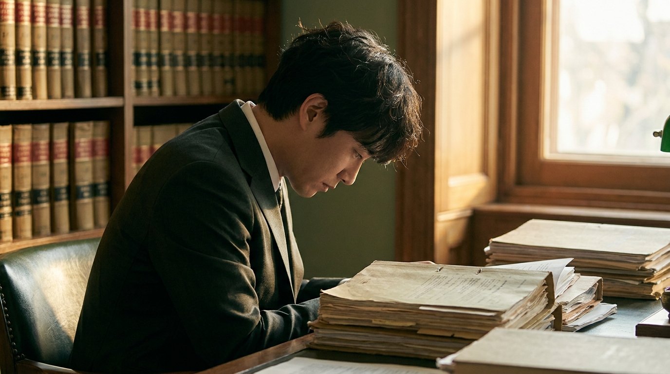 소년보호재판 사건 자료를 검토하는 변호사 — 측면