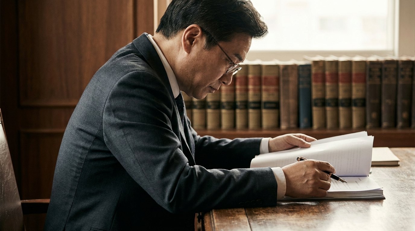 소년보호재판 사건 자료를 검토하는 변호사 — 측면