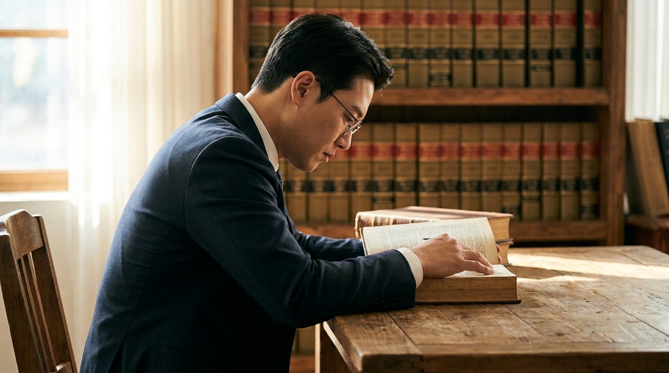 재혼 상속 사건 자료를 검토하는 변호사 — 측면