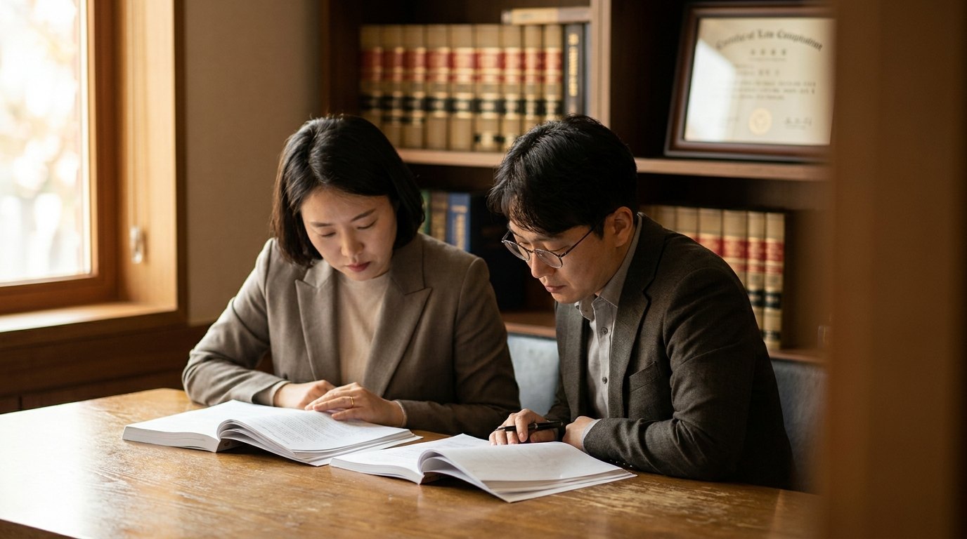 재혼 상속 사건 자료를 검토하는 변호사 — 측면