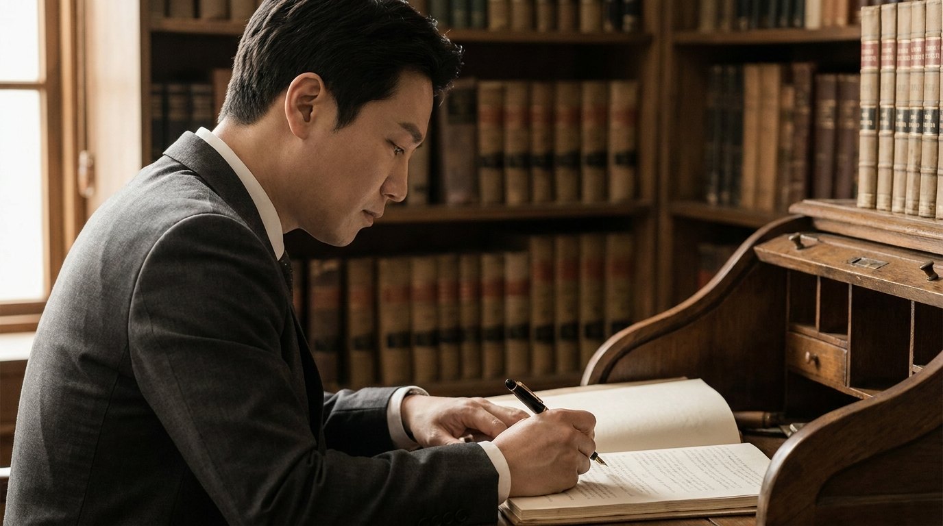 재혼 상속 사건 자료를 검토하는 변호사 — 측면