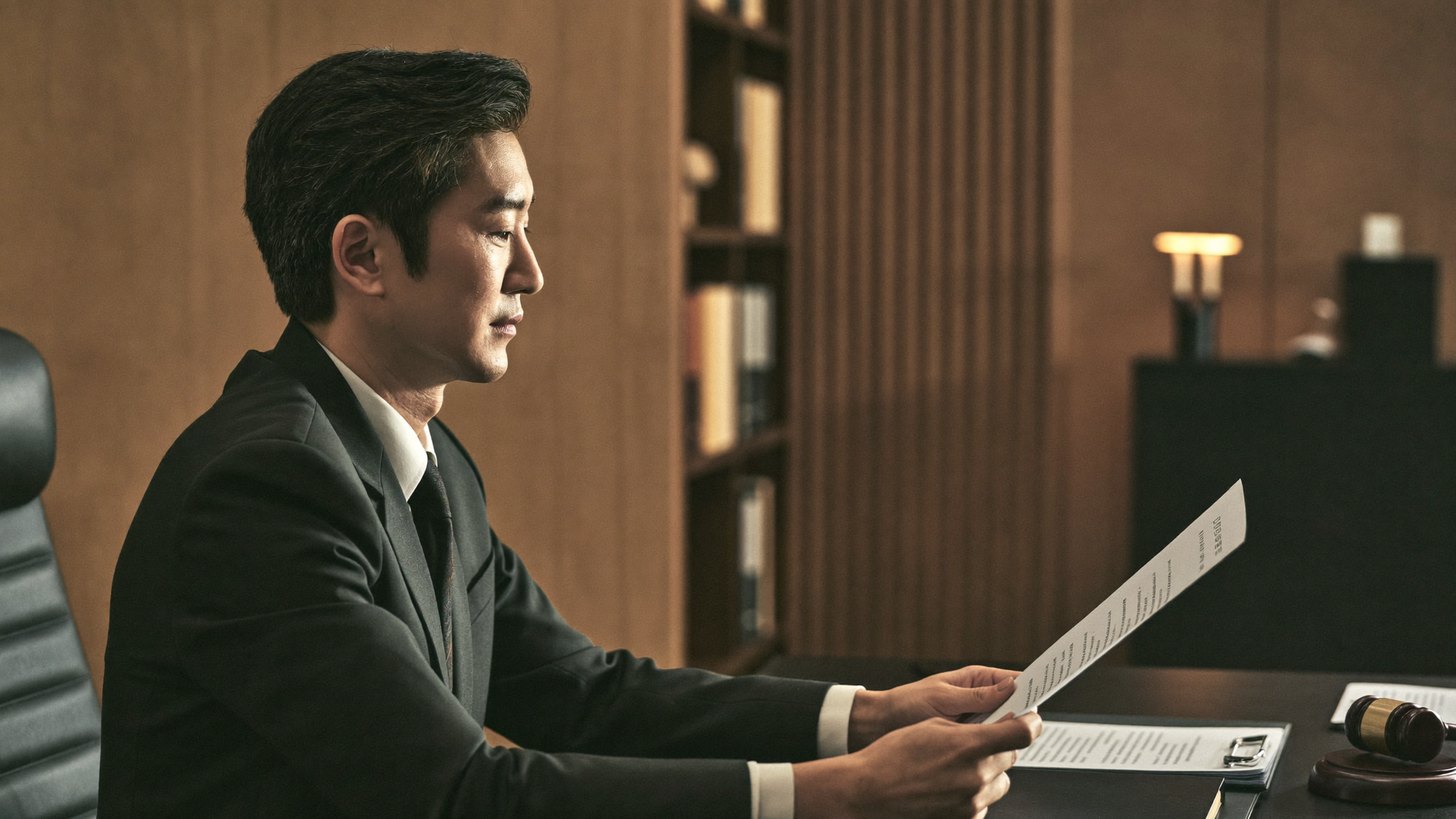 이혼 재산분할 자료를 검토하는 변호사 — 측면