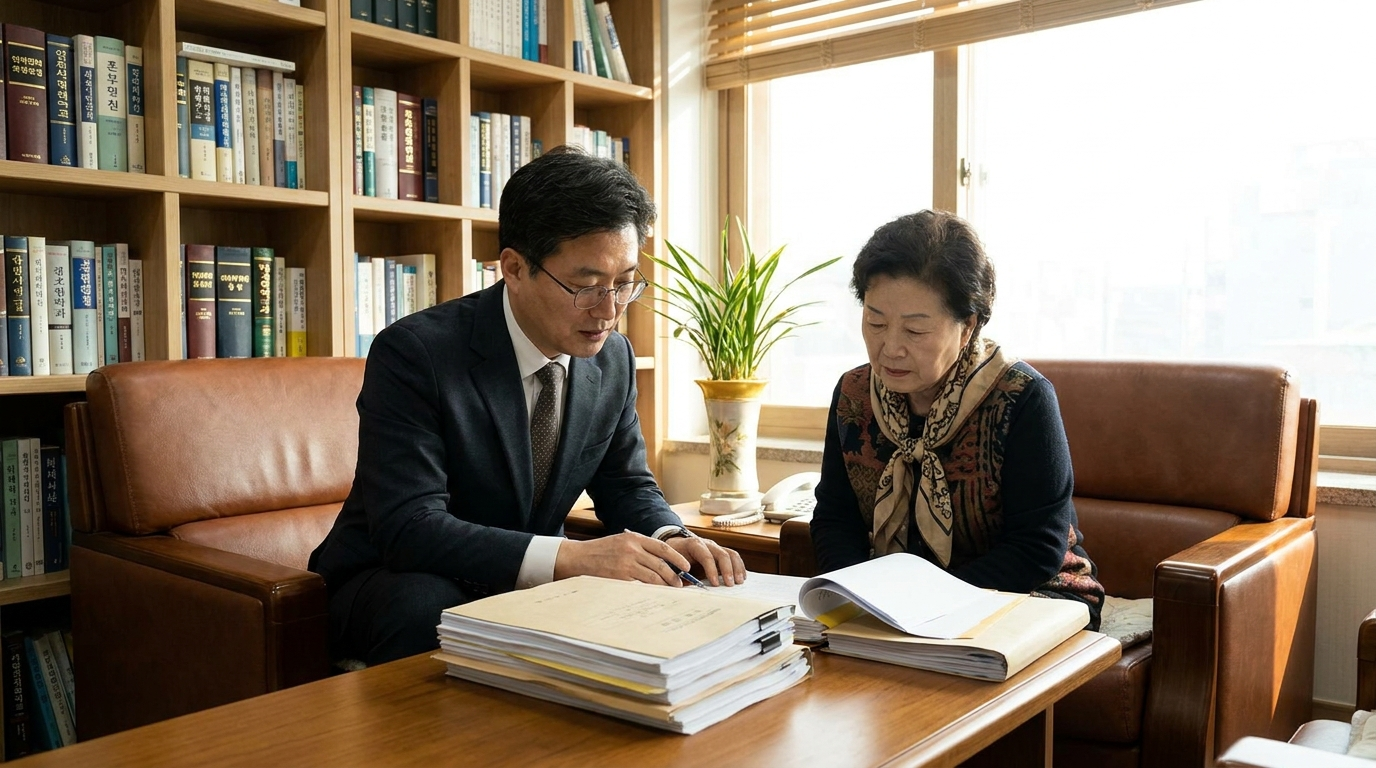 상속재산분할 — 변호사와 의뢰인이 상속 서류를 함께 검토하는 모습, 법무법인 존재