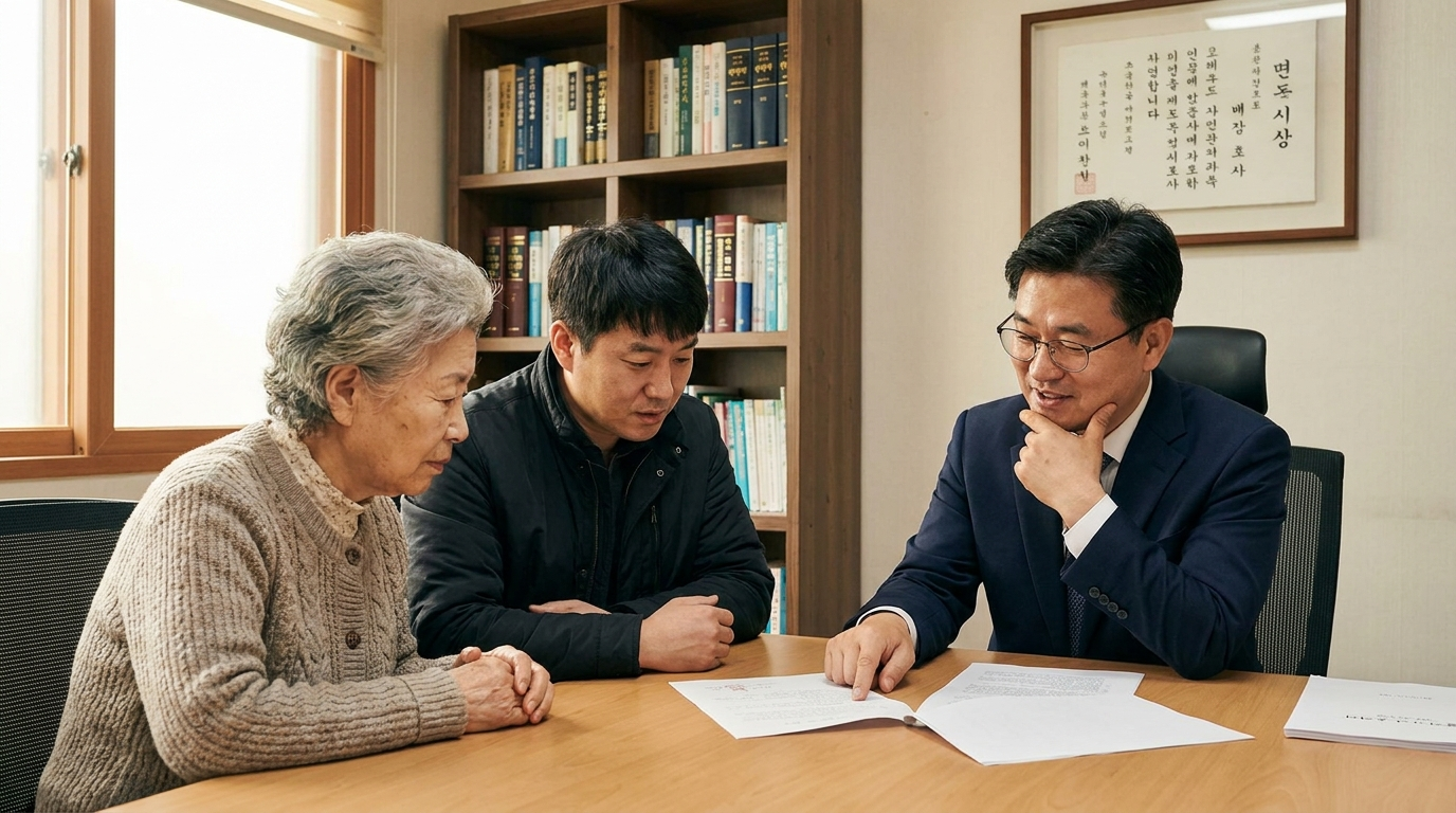 상속 로펌 선택 — 가족이 변호사와 상속 상담을 진행하는 모습, 법무법인 존재