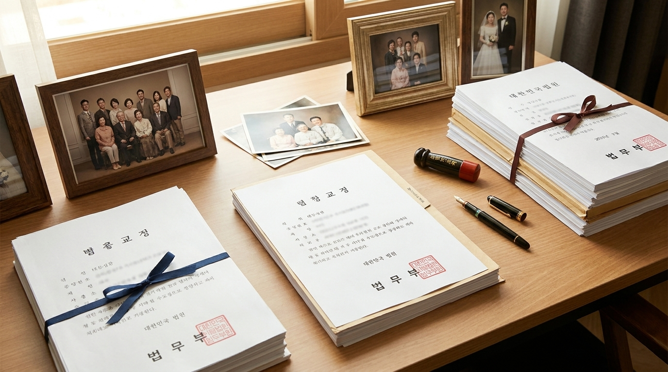 정리된 가족관계 서류와 가족 사진