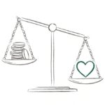 저울 위 동전과 하트가 놓인 라인 일러스트