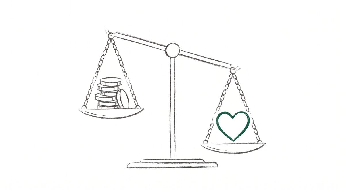 저울 위 동전과 하트가 놓인 라인 일러스트