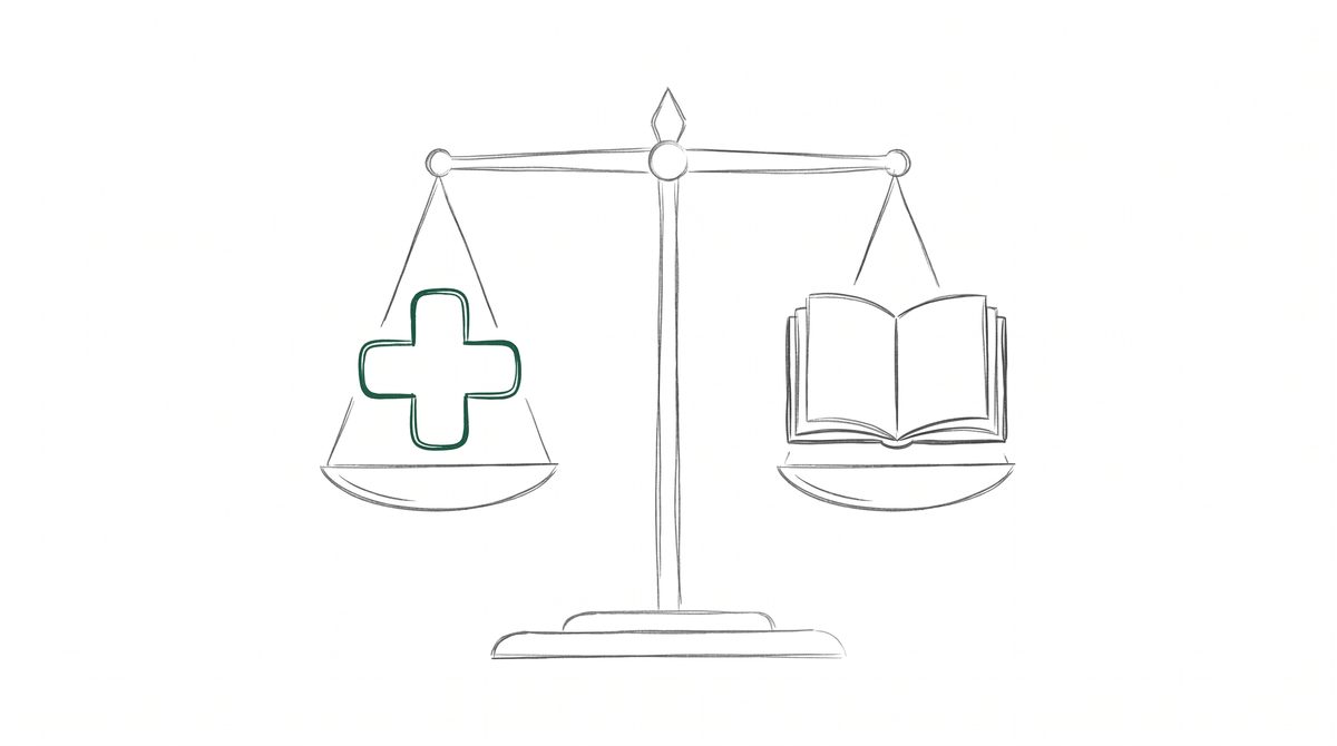 병원 십자와 책이 저울에 놓인 라인 일러스트