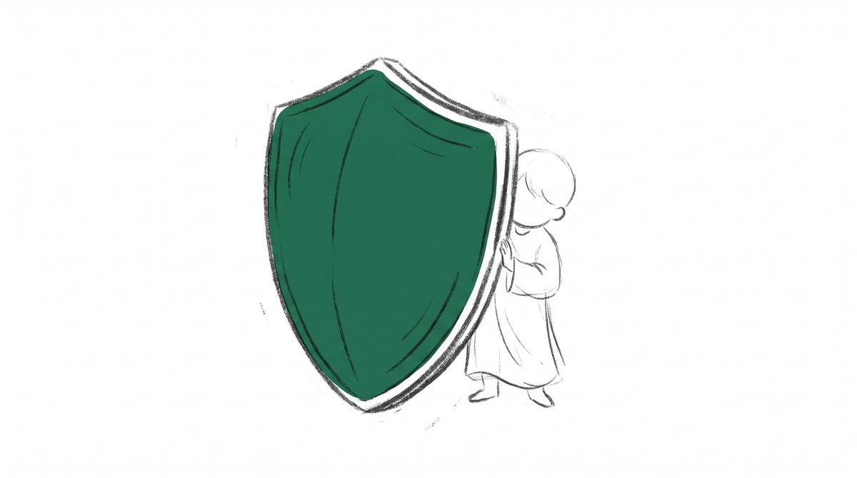 방패 뒤에 선 아이 라인 일러스트