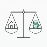 저울 위의 집과 동전 라인 일러스트