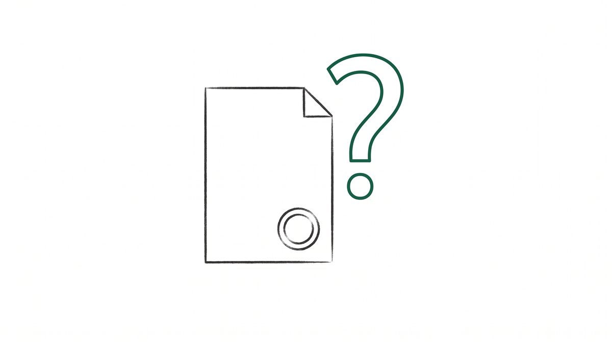 도장이 찍힌 서류와 물음표 라인 일러스트