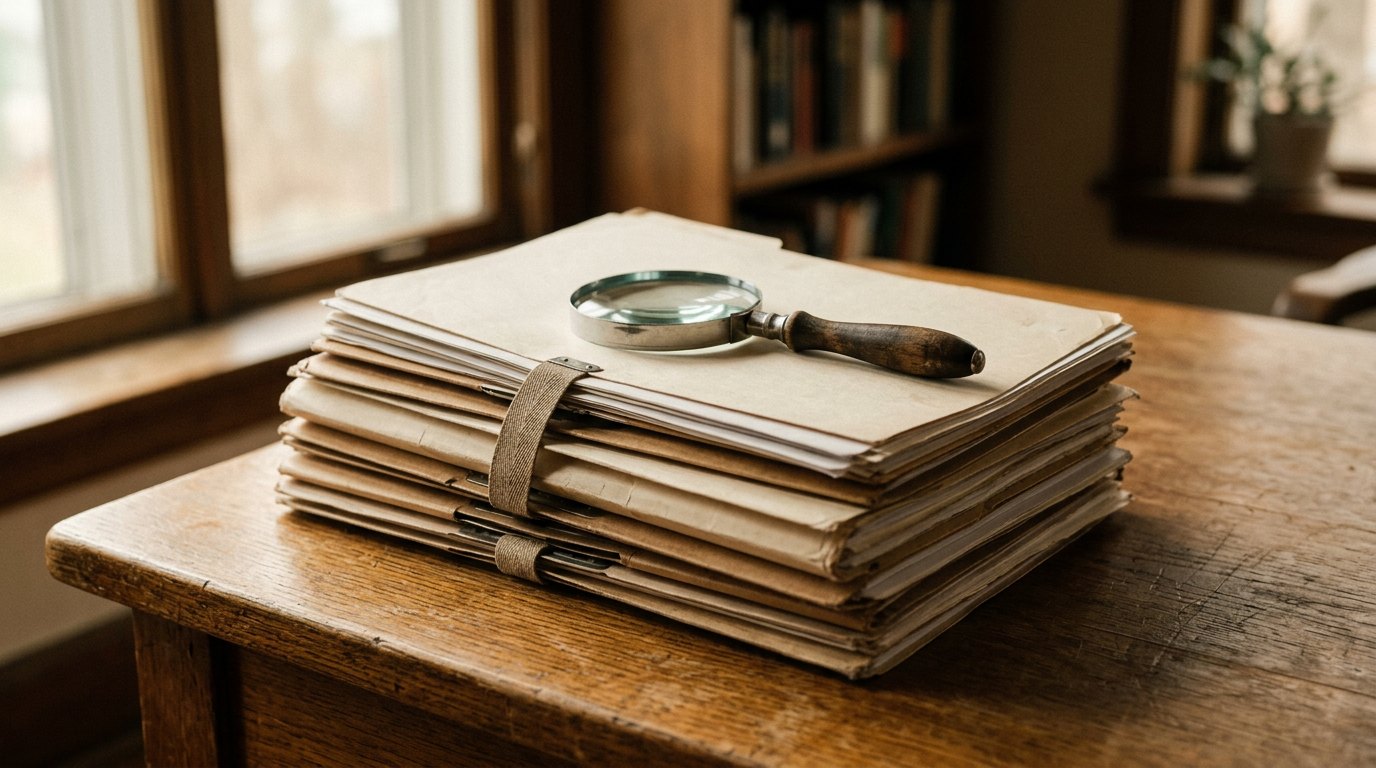 서류철과 돋보기가 놓인 책상 사진