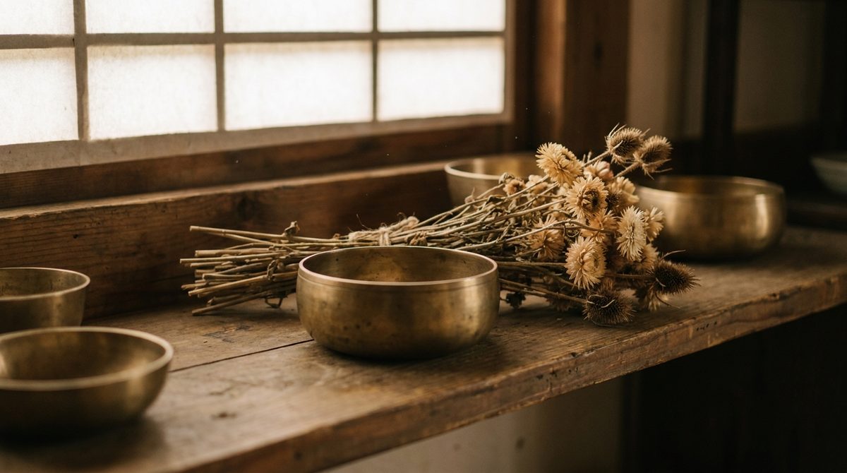 선반에 놓인 놋그릇과 마른 꽃 사진