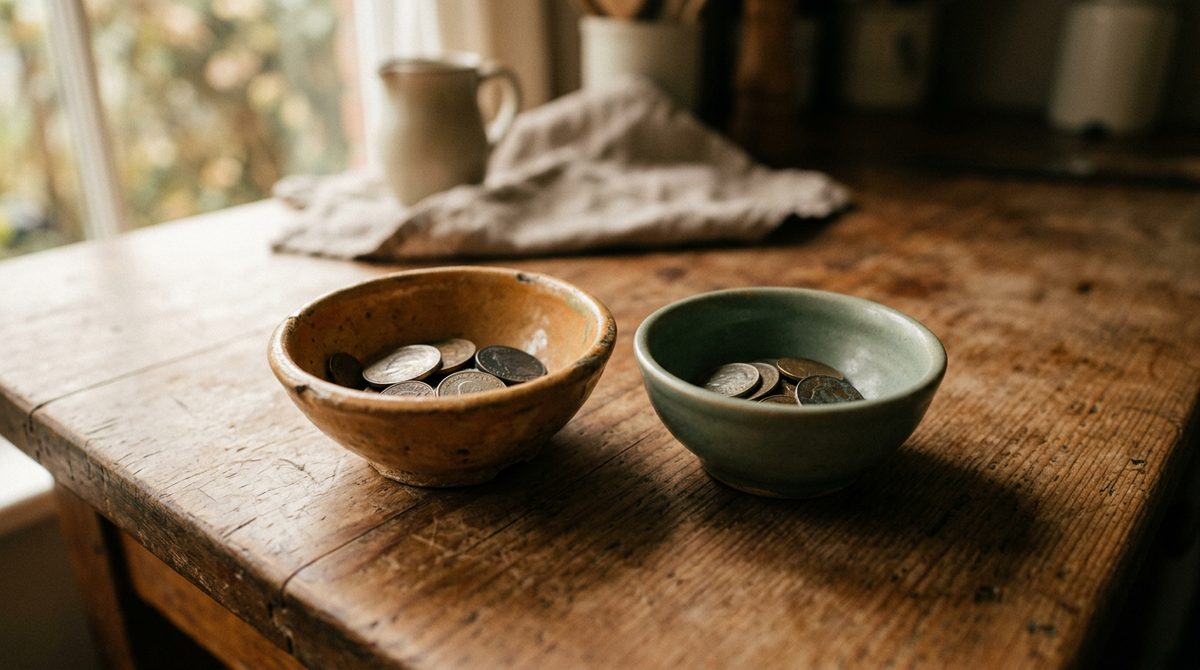주방 식탁 위 동전이 담긴 두 개의 도자기 그릇 사진