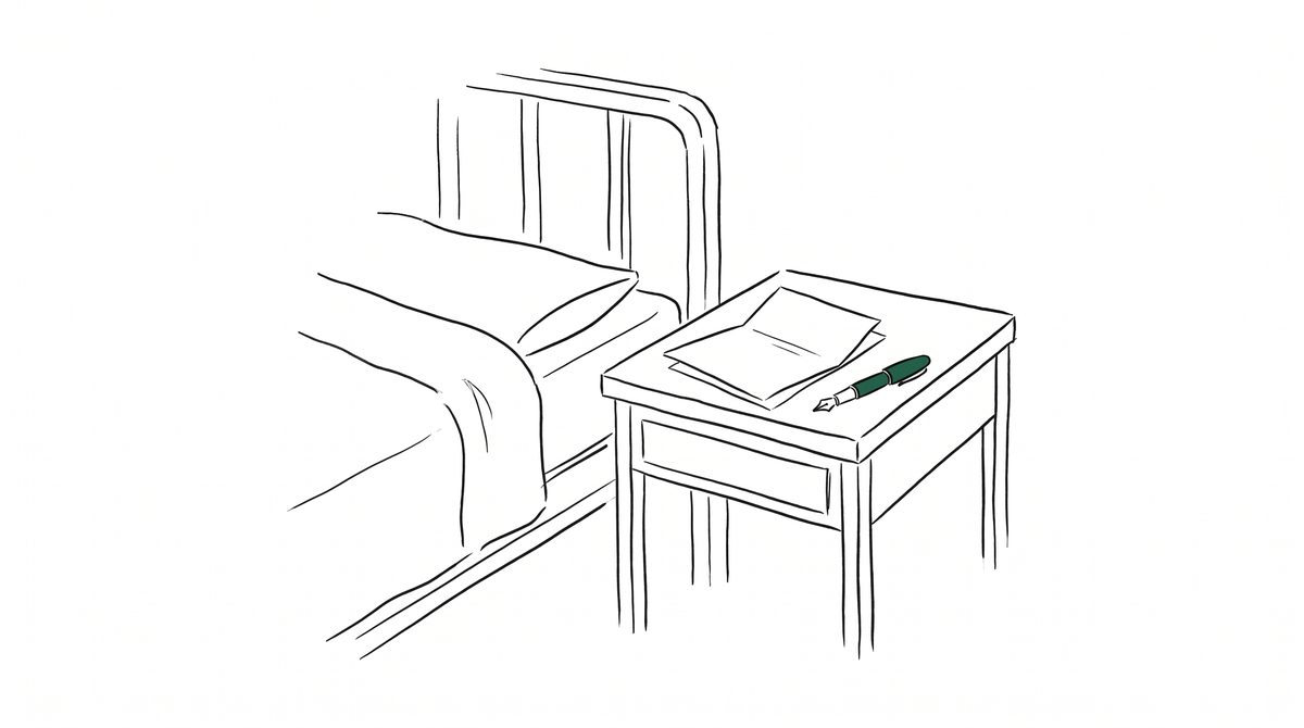 침대 옆 서류와 만년필 라인 일러스트