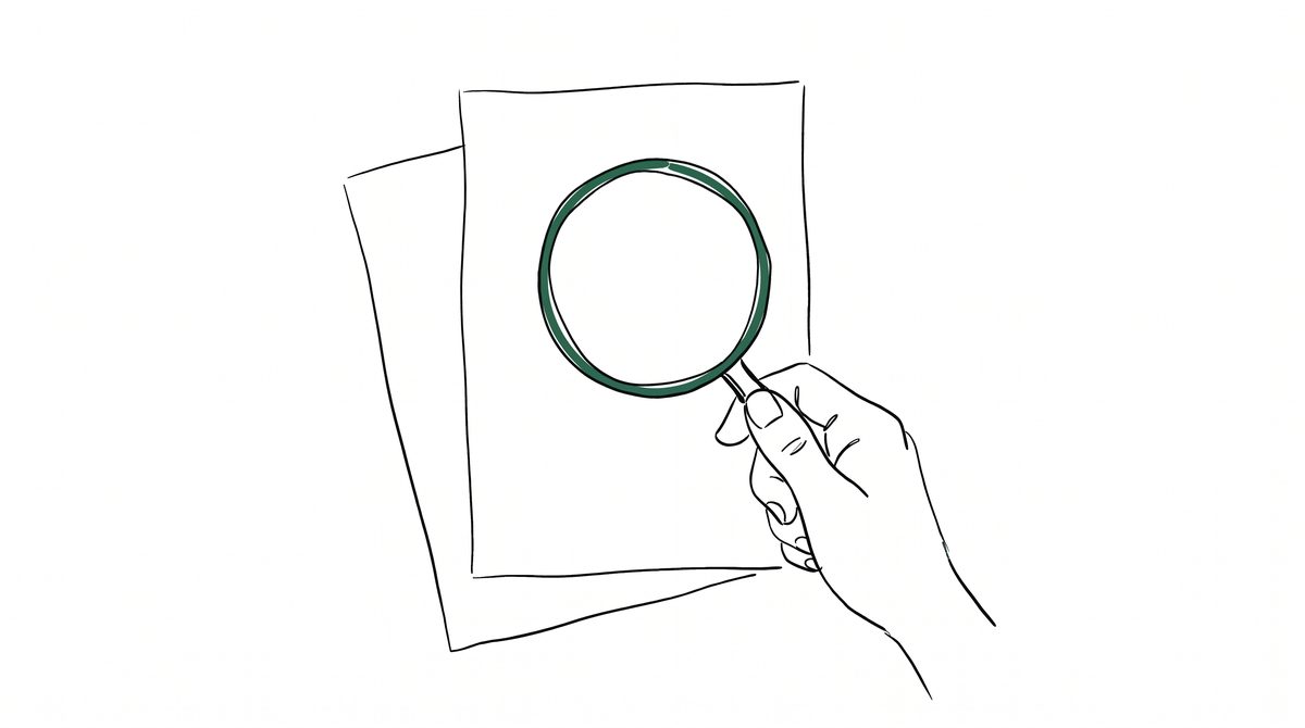 돋보기와 겹쳐 놓인 두 장의 종이 라인 일러스트