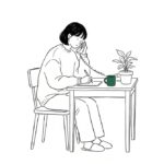 수화기를 든 채 메모하는 사람 라인 일러스트