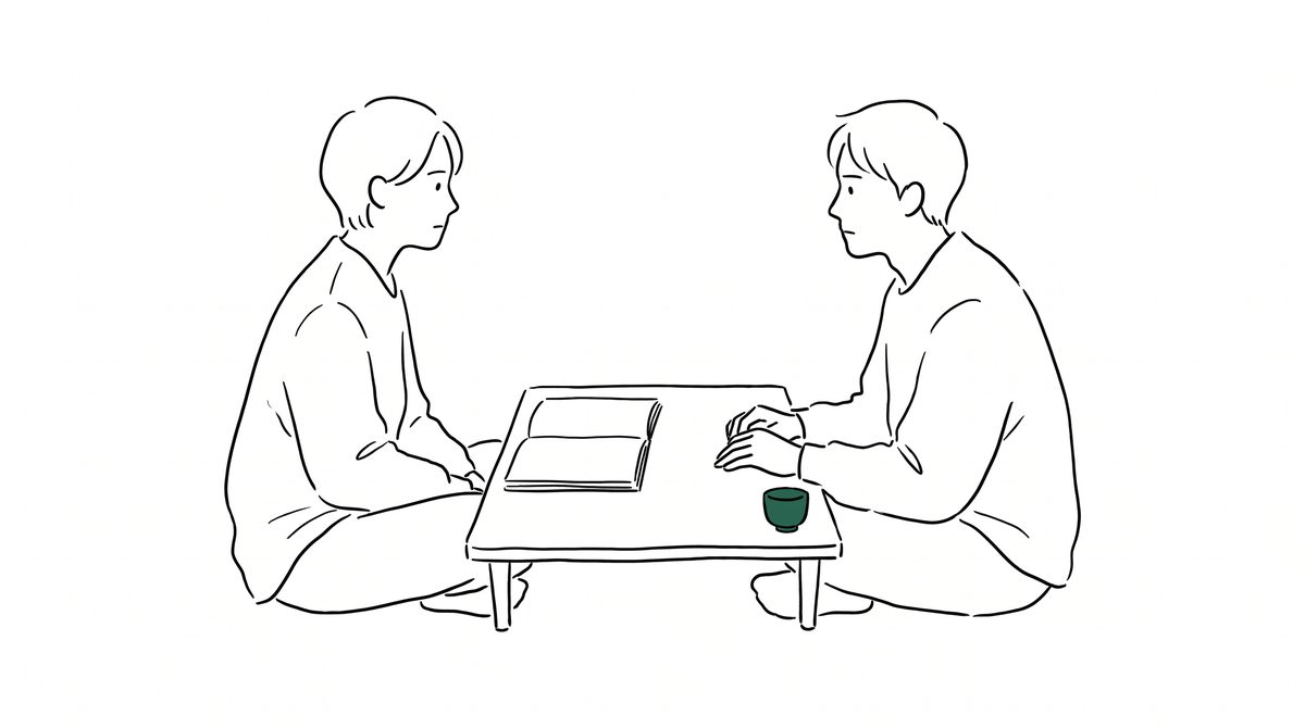 장부 한 권을 사이에 두고 마주 앉은 두 사람 라인 일러스트