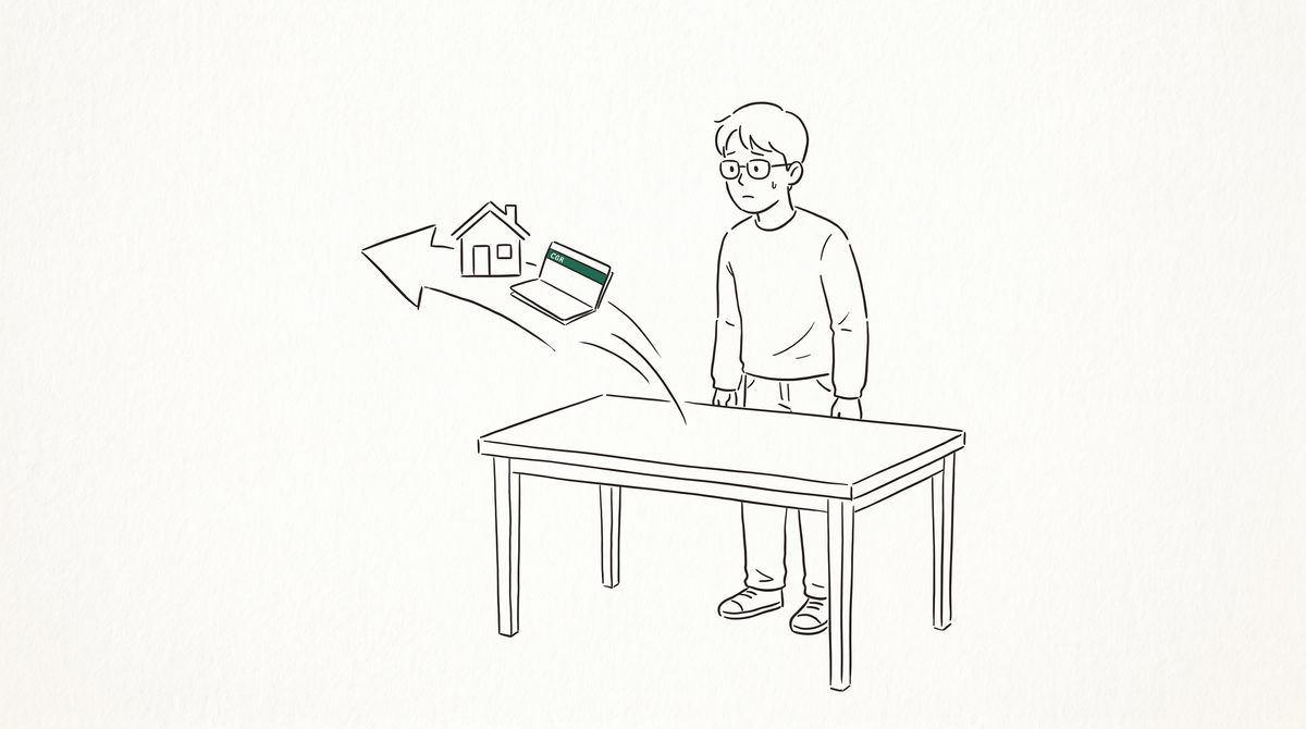 집과 통장이 화살표를 따라 옮겨지는 것을 지켜보는 사람 라인 일러스트