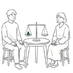 저울을 사이에 두고 마주 앉은 두 사람 라인 일러스트