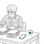 책상에서 인쇄물을 두 묶음으로 나누는 사람 라인 일러스트
