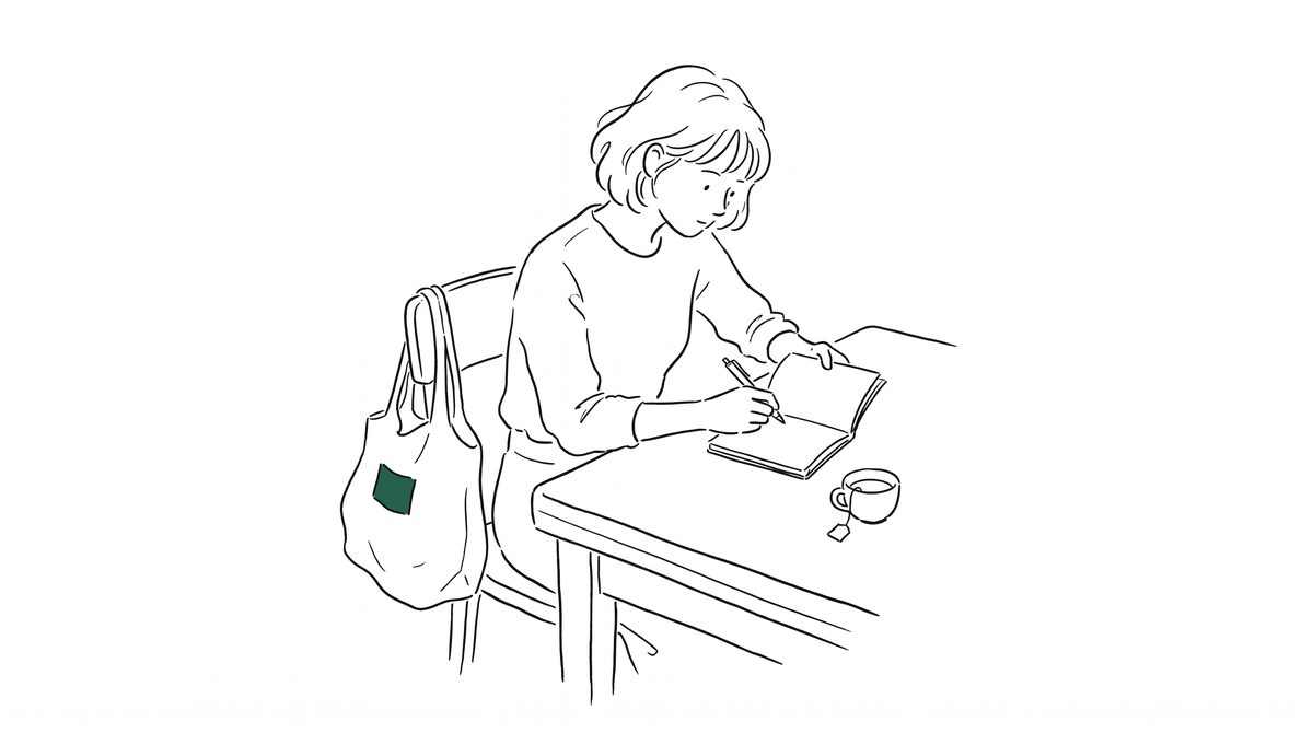 식탁에서 작은 가계부를 적는 사람과 장바구니 라인 일러스트