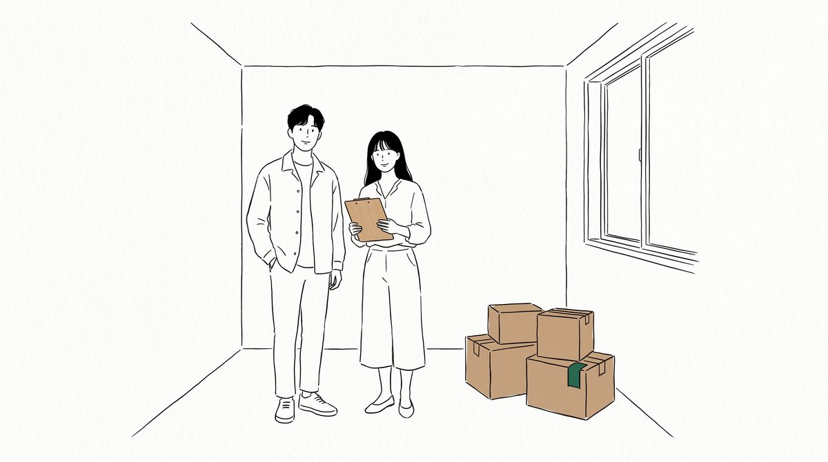 빈 가게 안에서 상자를 앞에 두고 선 두 사람 라인 일러스트