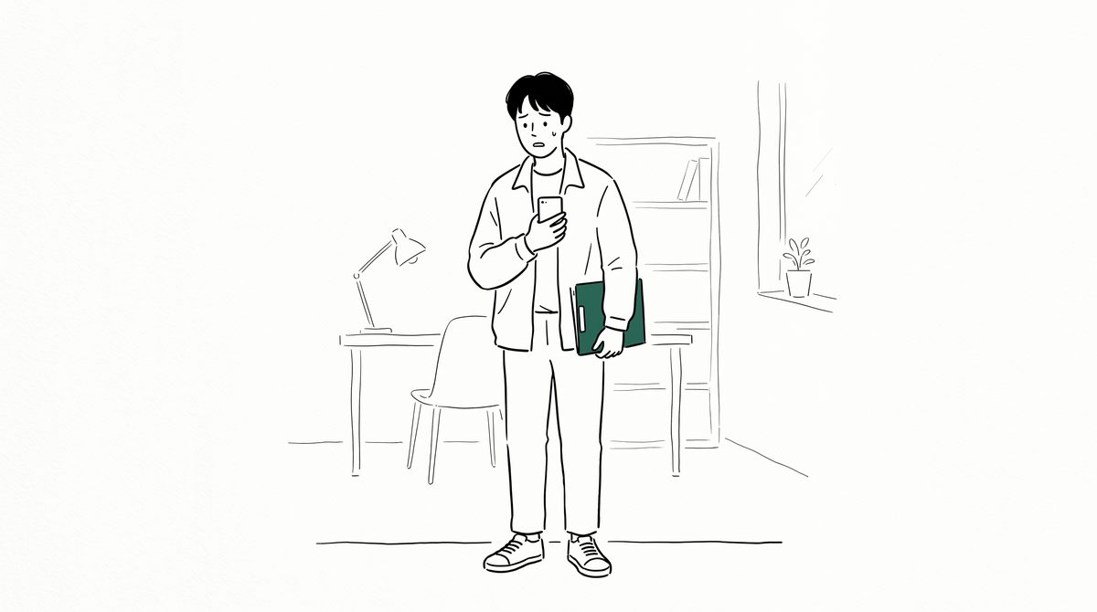 사무실에서 휴대전화를 가슴에 안고 걱정하는 사람 라인 일러스트
