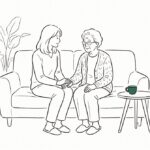 소파에서 어머니의 손을 잡은 딸 라인 일러스트