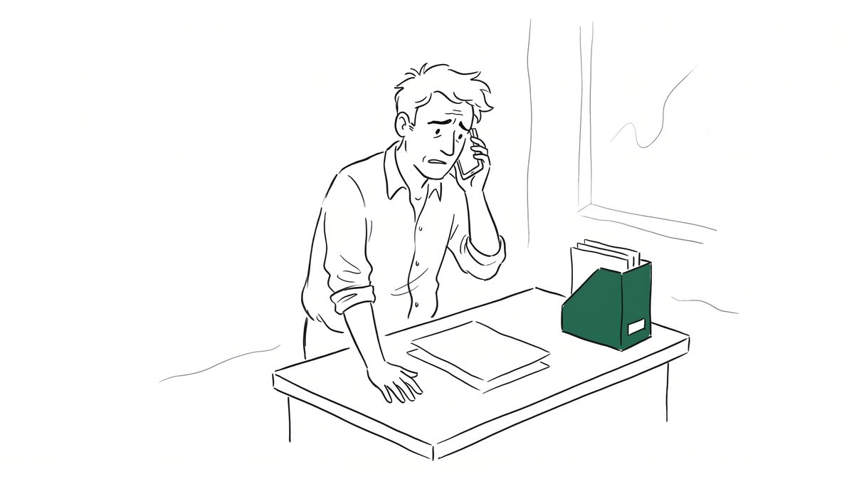 사무실에서 전화를 받으며 걱정하는 사람과 서류 더미 라인 일러스트