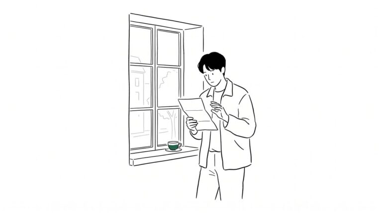 창가에서 접은 편지지를 든 채 망설이는 사람 라인 일러스트