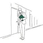 사무실에서 서류철을 안고 서 있는 사람 라인 일러스트
