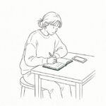 작은 책상에서 노트에 날짜를 적는 사람 라인 일러스트