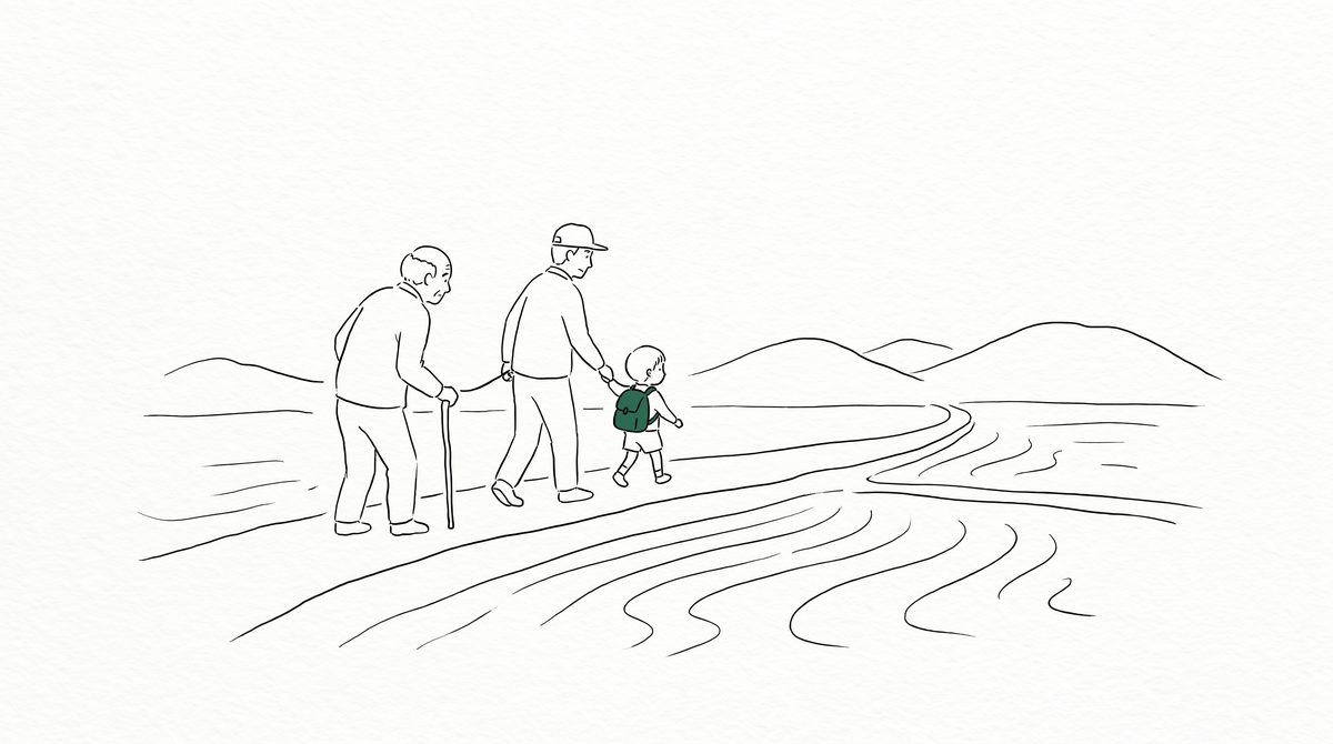 논길을 따라 걷는 할아버지와 아버지, 아이 라인 일러스트